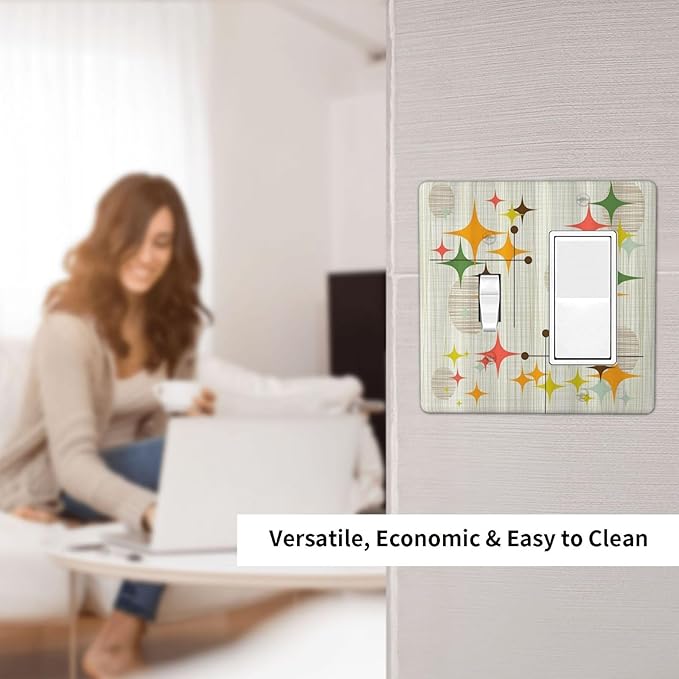 Light Switch Cover Mid Century Modern Retro Stars 2 Gang Toggle Rocker Combo Socket Cover Wall Plates Decorative Switch Plates and Outlet Covers for Bathroom Bedroom Decor