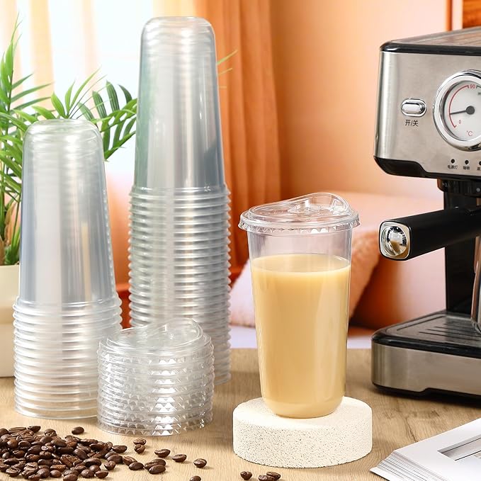 25 Sets 20 oz Clear Plastic Cups with Strawless Sip Lids, Thickened Clear Disposable Plastic Pet Crystal Cups for Iced Coffee, Smoothie, Cold Beverage, Drink Shops and Party Catering
