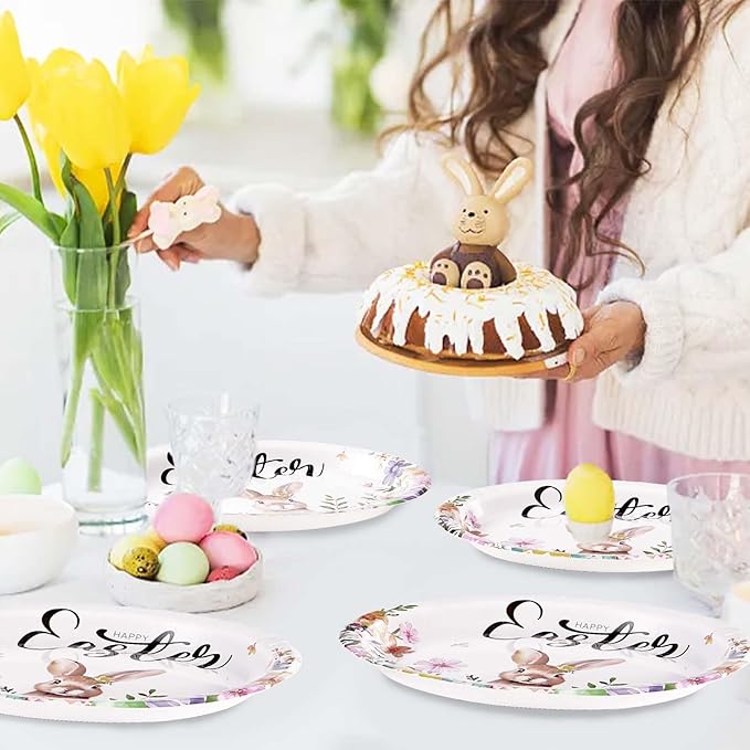 50PCS Easter Oval Paper Plates Easter Decorations 10" X 12" Large Easter Bunny Paper Plates Disposable Easter Party Plates Bunny Egg Flowers Tableware for Spring Easter Holiday Party Supplies