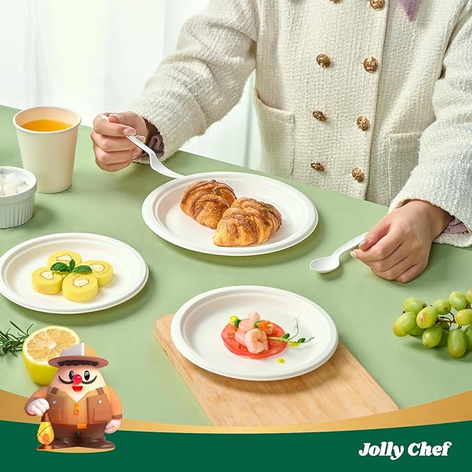 JOLLY CHEF Compostable Heavy Duty Plates 𝟳 𝗶𝗻𝗰𝗵 𝗮𝗻𝗱 𝟵 𝗶𝗻𝗰𝗵 [𝟭𝟮𝟬 𝗣𝗮𝗰𝗸] Eco-Friendly Disposable Paper Plates Bagasse Biodegradable Sugarcane for Party Hot Coold Food Christmas(White)