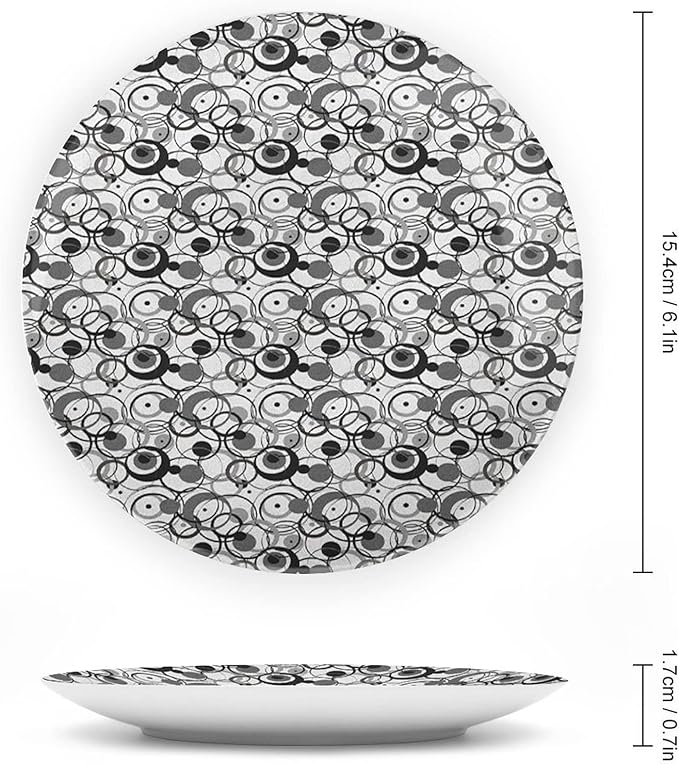 Ceramic Plates, Abstract Decorative Ceramic Plates, Monochrome Circles Dots Surreal Geometric Modern, 10 Inch, Household Plates Decorative, Grey Black White