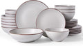 Famiware Venus Speckled Dinnerware Set with Pasta Bowls, Service for 6 (24 Pieces), Stoneware Plates and Double Bowls Sets, Microwave & Dishwasher-Safe Dishes with Trim, Matte Light Grey
