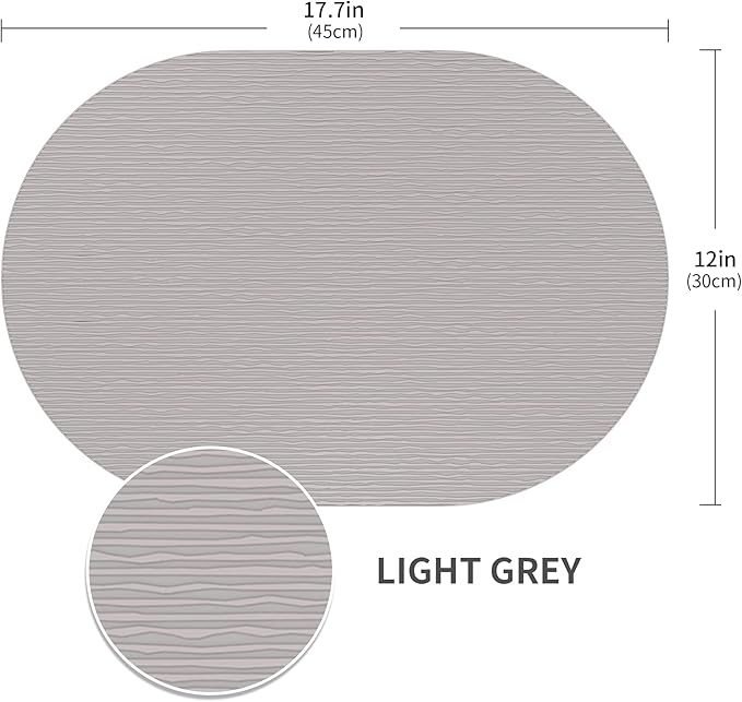 Silicone Placemats, Oval Placemats for Dining Table, Placemats Set of 4, Non-Slip Waterproof Heat Resistant Outdoor Placemat for Patio Table (Light Gray-Oval)