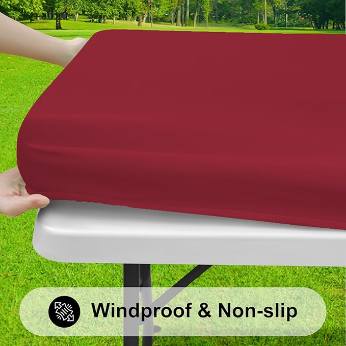 Smiry Rectangle Tablecloth, Elastic Fitted Flannel Backed Vinyl Tablecloths for 8ft Folding Tables, Waterproof Wipeable Table Covers for Indoor, Outdoor, Camping and Picnic (Wine Red, 30"x96")