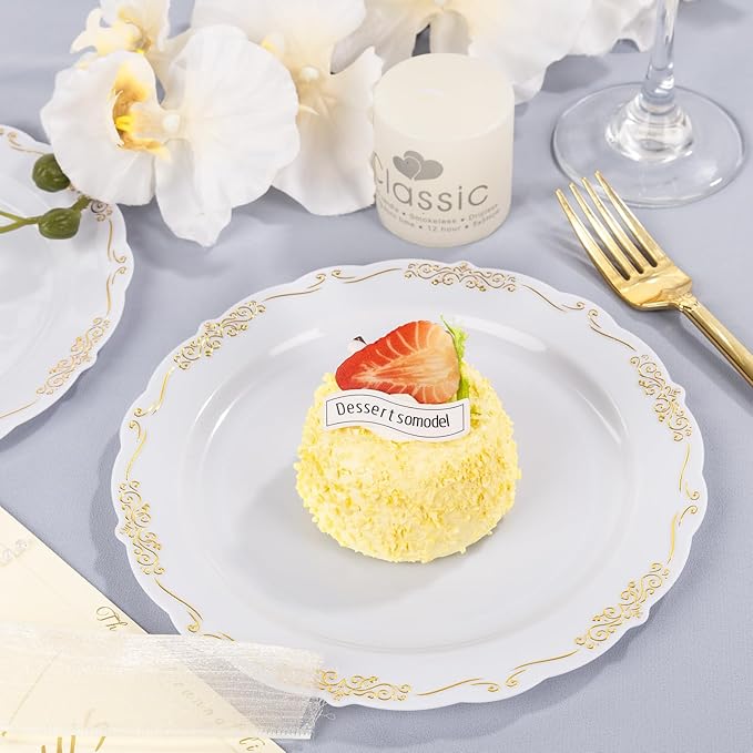 DaYammi 60PCS White and Gold Plastic Plates, Disposable Heavy Duty Plates Premium 7.5inch White Dessert Cake Salad Appetizer Plates Hard Plastic Platos Disposable for Party Wedding