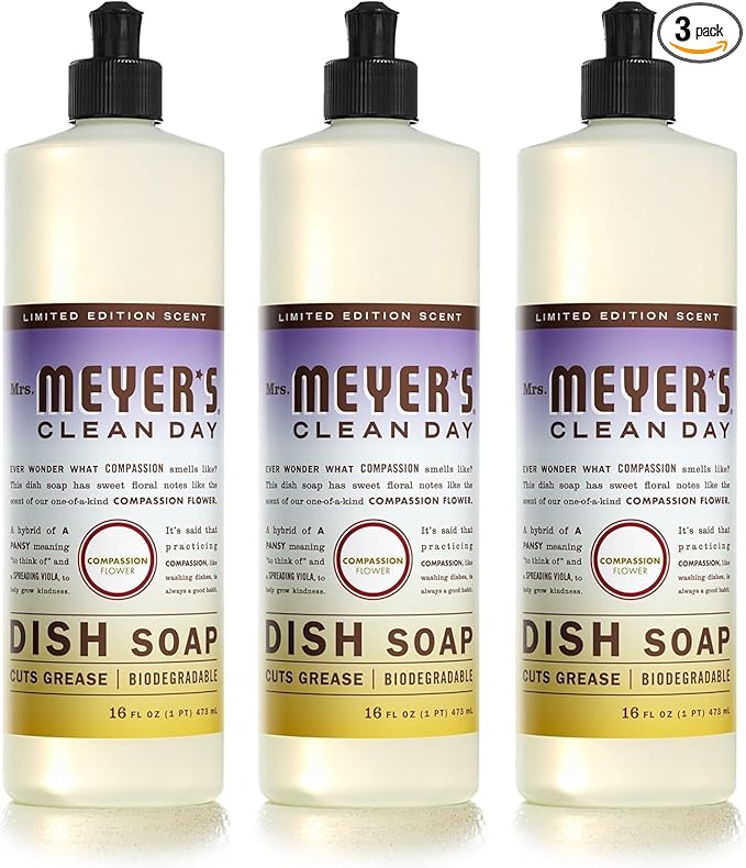 MRS. MEYER'S CLEAN DAY Liquid Dish Soap, Compassion Flower, 16 fl. oz - Pack of 3