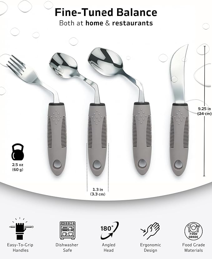 4-Piece Adaptive Utensils Set with Rocker Knife & Shovel Spoon - 42° Angled Parkinsons Utensils, 2.5 oz Weighted Silverware for Hand Tremors and Arthritis, Adaptive Eating Utensils (Grey Right-handed)