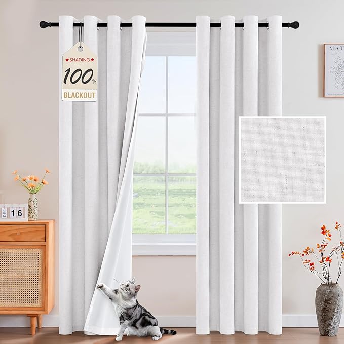 PrinceDeco Natural Linen Curtains 100% Blackout Curtains for Living Room 96 Inch Long,Heat & Light Blocking Curtains for Kids Bedroom Thermal Insulated Window Drapes 2 Panels Set - Heathered White