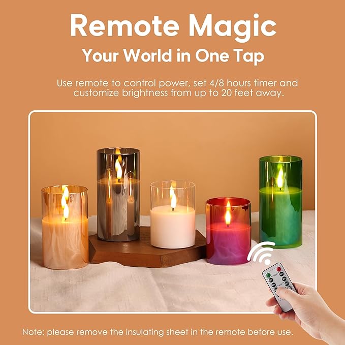 Eywamage Green Glass Flameless Pillar Candles with Remote, Flickering Christmas Battery LED Candles Holiday Decor Set of 3