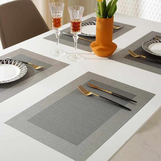 Vinyl Placemats Heat-Resistant Table Mats Washable Easy Clean Plastic Placemats for Dining Table Set of 4 (Dark Silver)