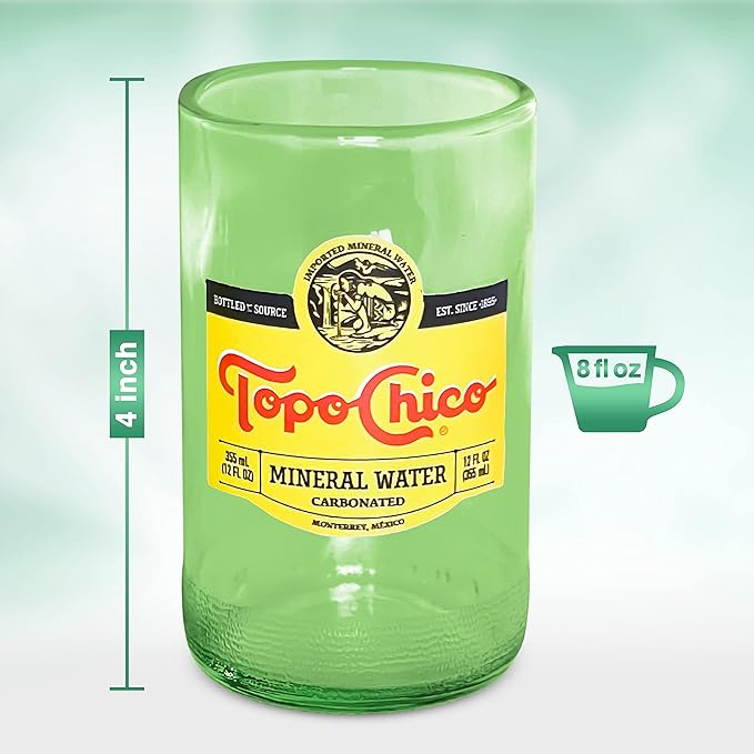 Topo Chico Drinking Glasses Green 8 Fl Oz Fire Polished Smooth Rim Upcycled (Set of 2) Gift - Glassware Sets - Glass Tumbler - Water Cocktail Wine Whiskey Tequila Glass - Cup - Drinkware