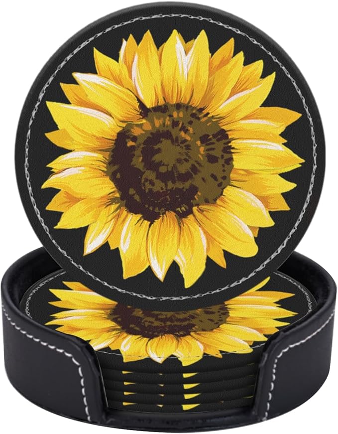 Coasters for Drinks PU Leather,Set of 6 with Holder,Round Housewarming Gift Home Decor,Black Watercolor Sunflower