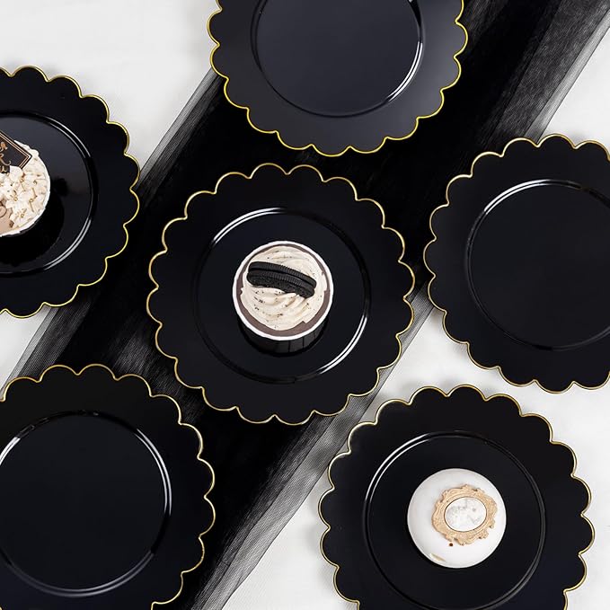 LIYH 100 Pcs Black Plastic Scalloped Plates - Disposable Dessert Plates with Elegant Gold Rim Cake Plate Disposable for Salad Parties Cass Reunions Wedding