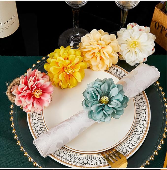 Flower Napkin Rings Set of 6,Rustic Rose Napkin Rings Flower Dinner Napkin Holder for Table Decoration (34#Yellow)
