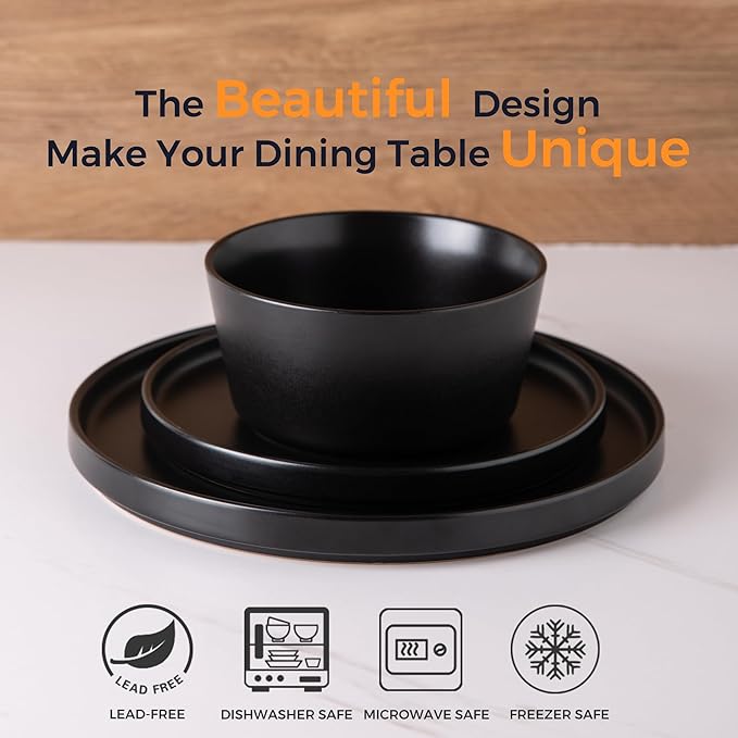 AmorArc Ceramic Dinnerware Sets for 6, Modern Flat Stoneware Plates and Bowls Sets,Chip and Crack Resistant | Dishwasher & Microwave Safe Dishes Set,Scratch Resistant- Service for 6 (18pc)