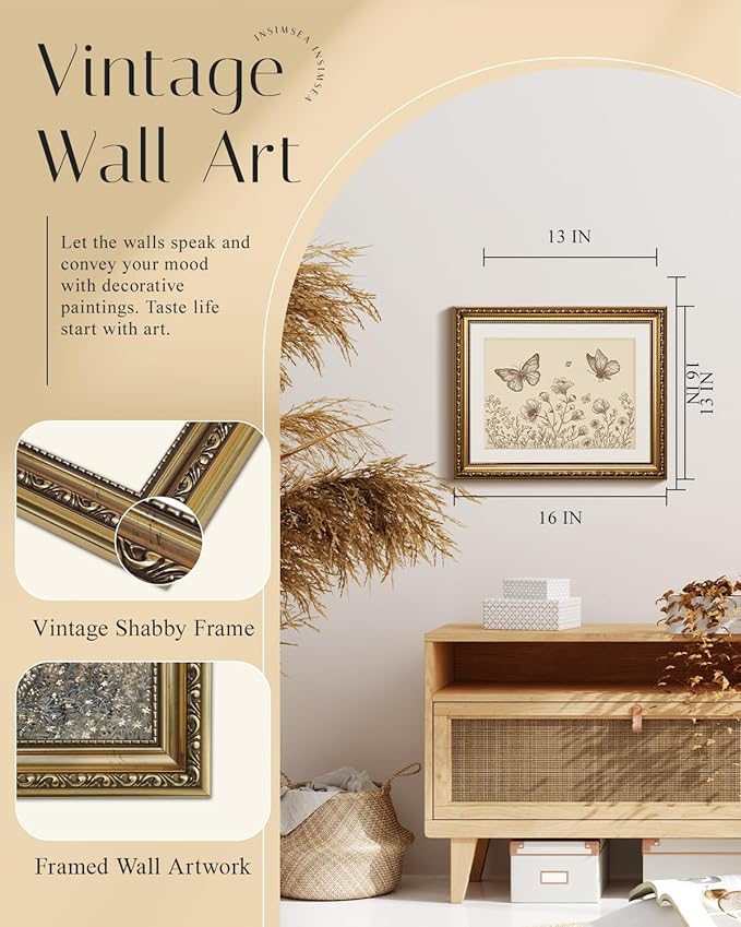 InSimSea Gold Picture Framed Wall Art, Vintage Butterflies Nursery Wall Decor, Neutral Wildflowers Botanical Canvas Print Art, Home Farmhouse Decor, Antique Paintings with Frame 13x16inch