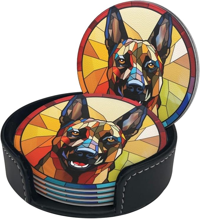 Drink Coaster Set of 6, Belgian Malinois Dog Mom Lover Gift,Leather Drink Coasters with Holder,6 Pack Cup/Bar/Drink Coasters for Table/Drinks/Coffee Protection Housewarming Gift