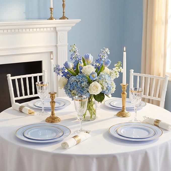175PCS Blue Plates Disposable - Baby Blue Plastic Plates - 25Guests Plastic Dinnerware with Rolled Napkins for Wedding/Birthday/Baby Shower/Easter