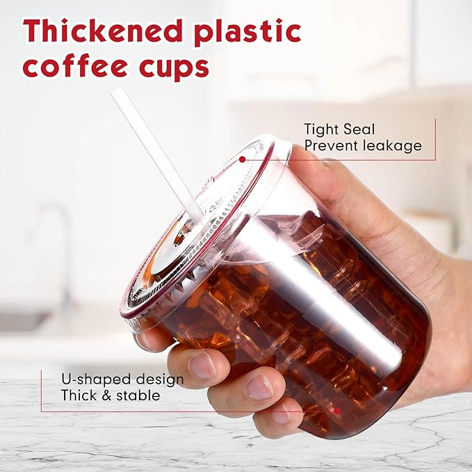 50 Sets Clear Plastic Cups with Lids and Straws, Disposable Iced Coffee Cups Drinking PET for Cold Drinks, Juice, Smoothie, Coffee Shops, Party, Christmas (Pink,14 oz)
