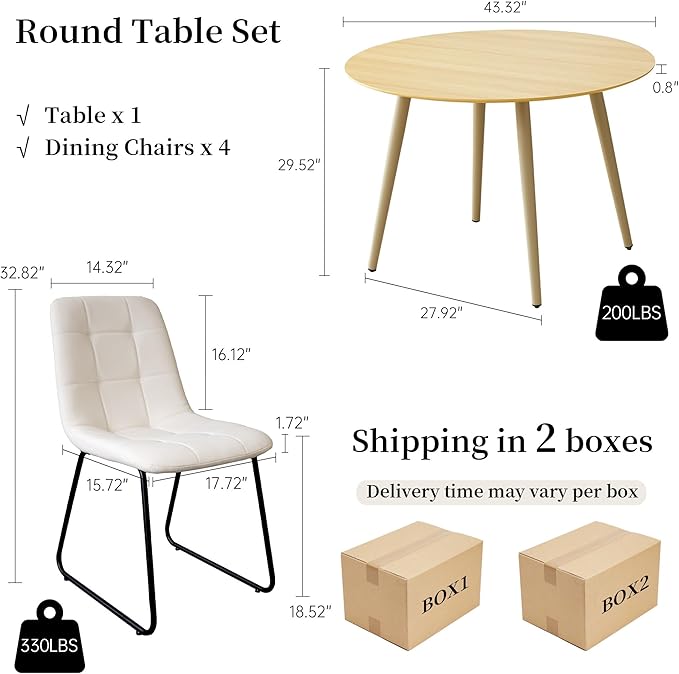 43.3 Inch Round Dining Table Set for 4, Modern Small Kitchen Coffee Set for Dining Room Kitchen Apartment (Cream Table+4 U-Shaped White Chairs)