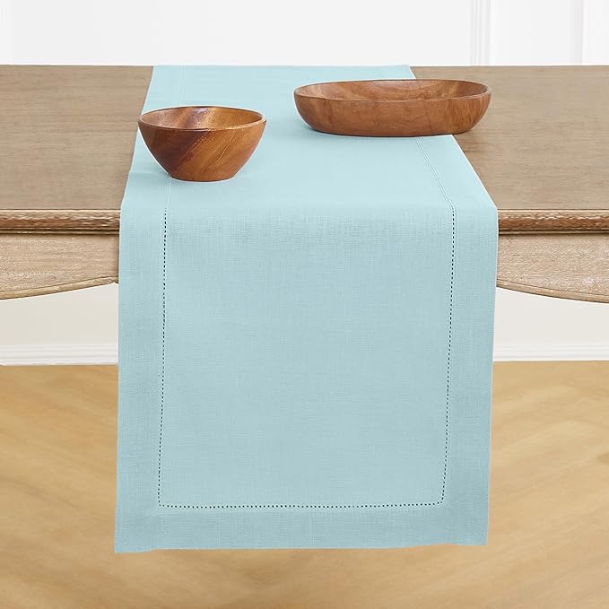 Solino Home Linen Aqua Blue Table Runner 48 Inches - Classic Hemstitch, 100% Pure Linen Coffee Table Runner 14 x 48 Inch Ideal for Dresser Tables - Winter, Spring, Easter