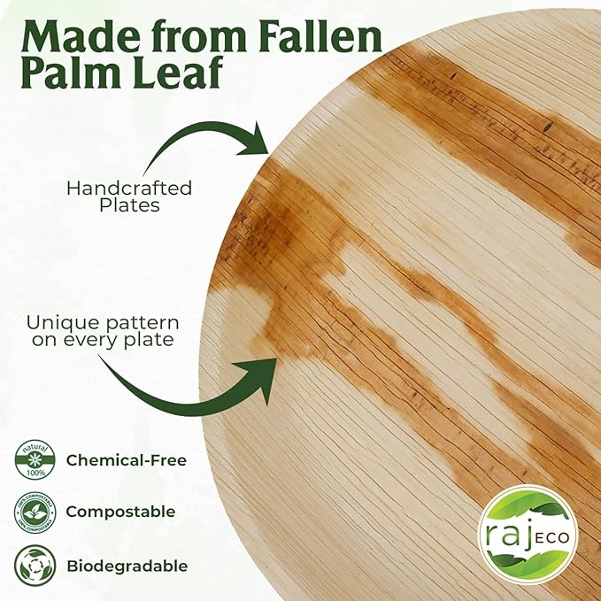 Raj Palm Leaf Plates [50-Pack] 10" Round Plates (4 CASES - 200 PACK) like Bamboo plates Disposable, Strong, Decorative Compostable Tableware for weddings, Lunch, Dinner, Birthday, Camping, Outdoor
