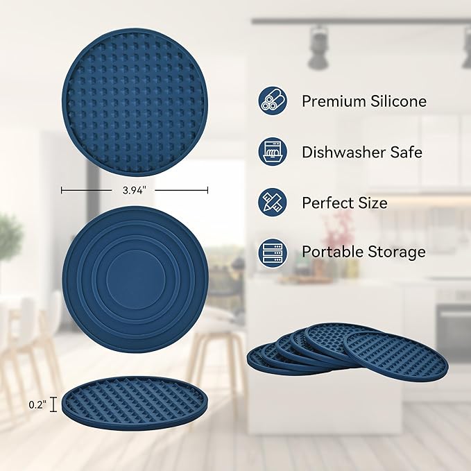 Coasters for Drinks, Silicone Coasters Set of 16 with Metal Holder, Outdoor Coaster for Coffee Table, Non-Slip Rubber Table Cup Mat Desk, Heat Resistant & Scratch-Proof (Navy Blue)