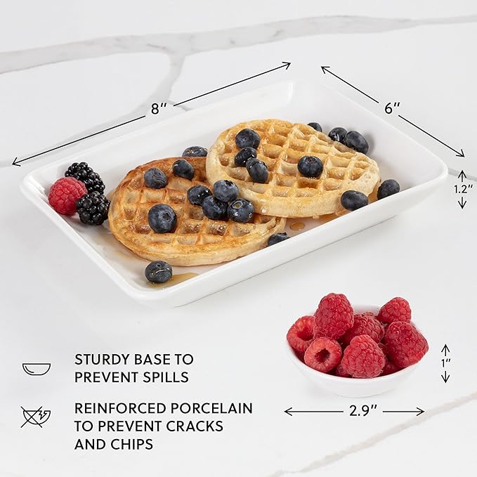 8 Inch Appetizer Plates Set with Dipping Cups for Serving, Desserts, Salads – Chip-Resistant, Porcelain, Rectangular Dinner Plates – Free of Plastic & Lead – 6 Small, White Dinner Plates & Cups