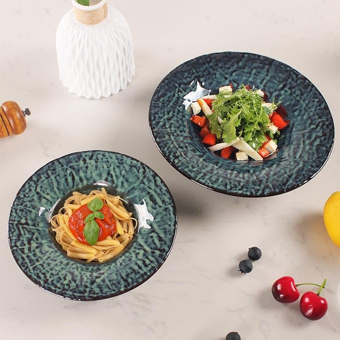 Ceramic Pasta Bowls, 12 oz Pasta Plates, Reactive Glaze Pasta Bowl Set of 4, Large Wide Serving Bowls for Salad, Dessert, Fruit, Microwave & Dishwasher, Oven Safe