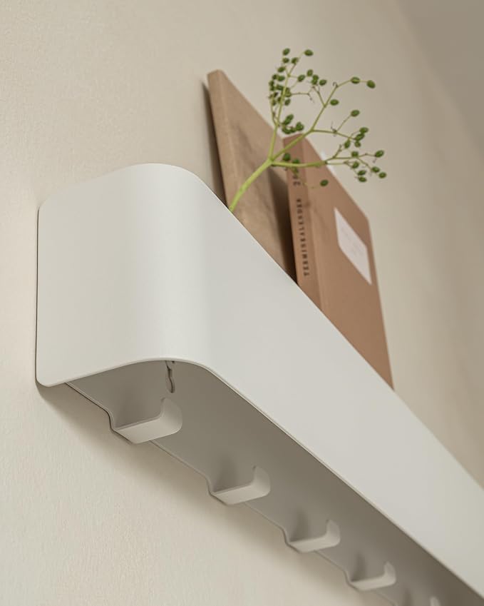 Kazai.® Coat Rack Wall Mount with Shelf 'Tone' | Modern Design Coat Hanger with Hidden Hooks and Storage | Hat Rack with Shelf in Metal | Wall-Mounted Purse Organizer | White