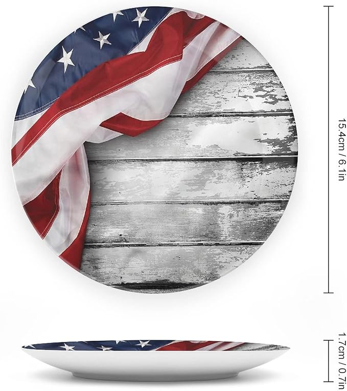 Ceramic Plates, American Flag Decorative Ceramic Plates, Flag on Wood Planks, 10 Inch, Household Plates Decorative, Multicolor