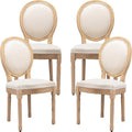 Vintage French Dining Chairs Set of 4, Round Back Accent Chairs with Linen Seat and Solid Wood Frame, Farmhouse Sillas de Comedor Upholstered for Dining Room & Kitchen, Beige