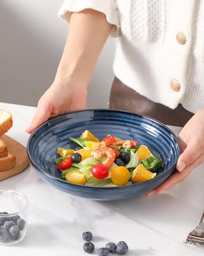 Ceramic Pasta Bowls, 8.7" Large Salad Bowls Set of 4, 32 oz Wide and Shallow Bowls, Farmhouse Bowl Plates for Kitchen, Gift for Housewarming Wedding, Microwave & Dishwasher Safe, Blue