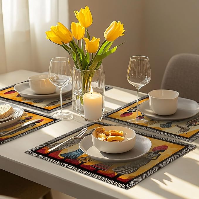 Kwanzaa Placemats Set of 4, African American Christmas Table Mats, Black Women Washable Place Mats for Coffee Bar Home Party Indoor Kitchen Dining Table Decoration 12x18 Inch