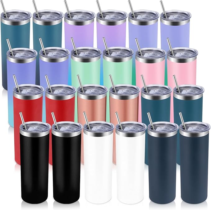 Volhoply 24 Pack Skinny Tumblers with Lid and Straw, 20oz Stainless Steel Straight Tumbler Bulk, Vacuum Insulated Coffee Mug for Home, Office, Travel, DIY (Assorted,24 Pack)