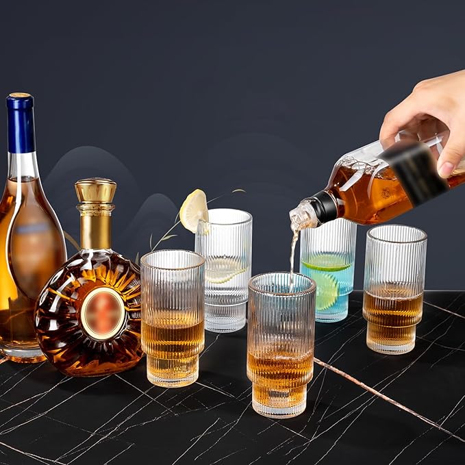 Ribbed Glassware Vintage Drinking Glasses - 16 oz Glassware Stackable Highball Origami Style Glass Cup Fluted Vertical Stripes Romantic Water Drinking Cups Set of 6 Dishwasher Safe