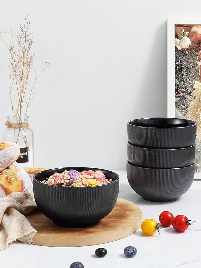 Yedio Black Ceramic Bowls Set of 4, 38 oz Porcelain Large Bowl for Kitchen, Cereal, Soup, Dessert, Rice, Snack, Fruits, Ice Cream, Noodle,Breakfast, Microwave Dishwasher Freezer Oven Safe