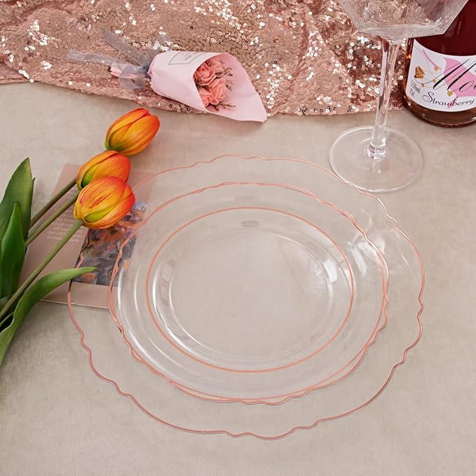 Liacere 150PCS Rose Gold Plastic Plates - Clear Rose Gold Disposable Plates with Glitter Bamboo Handle Cutlery - 60 Baroque Elegant Plates, 30 Forks, 30 Spoons, 30 Knives for Wedding＆Valentine's Day