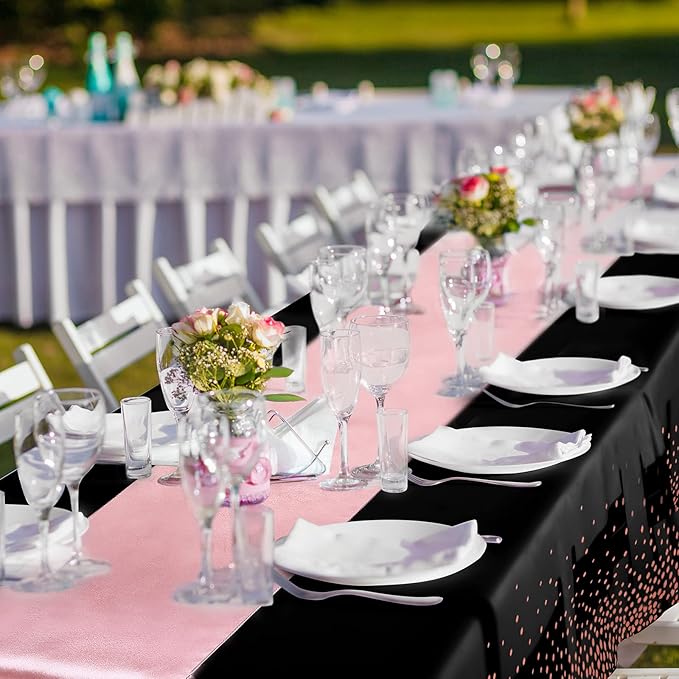 Breling 8 Pack Black and Rose Gold Disposable Plastic Tablecloths and Satin Table Runner Set, 54 x 108 Inch Tablecloth, 12 x 108 Inch Table Runners for Wedding Graduation Birthday Baby Shower New Year
