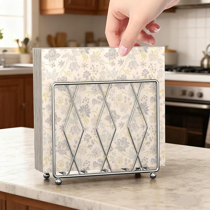 Napkin Holder for Table, 2 Pack Modern Metal Napkin Holders for Paper Napkins & Kitchen Dining & Countertops, Cocktail Upright Napkin Holder Dispenser Suitable for All Room Decors (Silver)