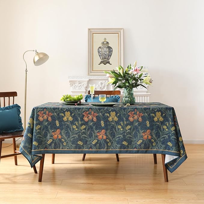 patdrea Designer Vintage Dark Blue Linen Rectangle Tablecloth,French Rustic Floral Pattern Tablecloths,Decorative Table Cover Cloth for Kitchen,Dining,Tea Party,Home,Christmas,63"*94"