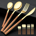 Stainless Steel Flatware Set for 4, Cutlery Utensils Set with Simulated Wooden Handle Include Knives Forks Spoons Service for 4, Mirror Polished and Dishwasher Safe (Gold)