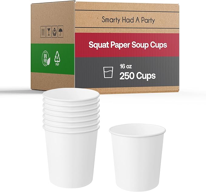 Smarty Had A Party 250 Count 16 oz Paper Bowls – Disposable Soup Bowls 16 oz for Hot Food, Ice Cream, Pho, Chili, or Ramen – Leakproof & Heavy Duty Paper Soup Containers | White Chili Cups Disposable