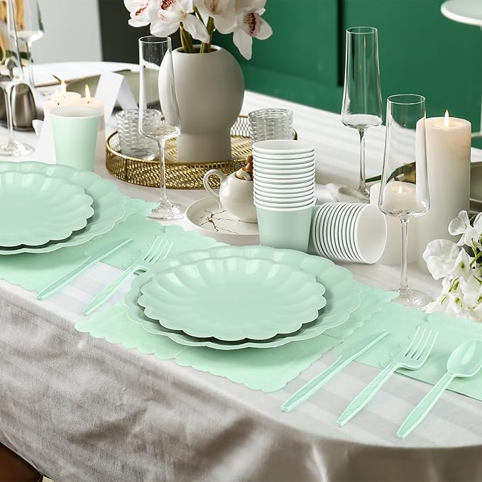 350 Pcs Light Green Scalloped Paper Plates Shell Edge Disposable Tableware Cocktail Napkins Cups Plastic Spoons Forks Knives for Wedding Baby Shower Picnic Birthday Party Supply for 50 Guests