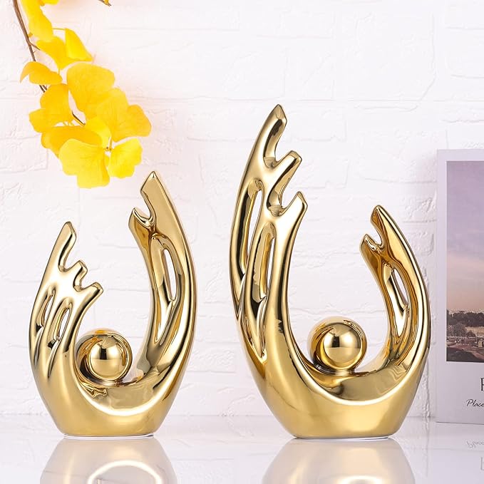 LCCCK 12" H Gold Aesthetic Room Decor Accent, TV Stand Funky Table Centerpiece, Abstract Art Ceramic Statue and Sculpture, Gold Decor for Living Room, Bookshelf Decorative Objects, Shelf Decor