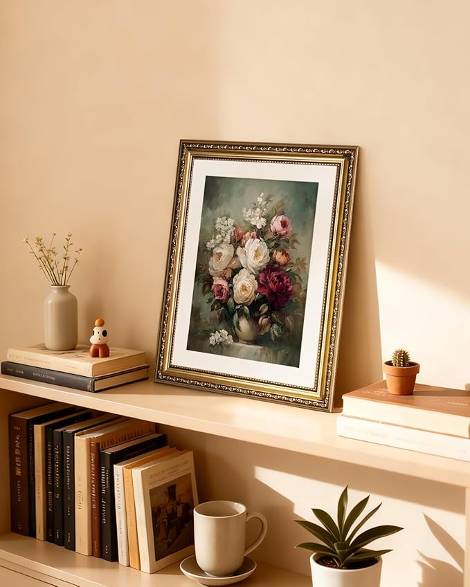 InSimSea Gold Picture Framed Wall Art, Living Room Vintage Moody Flower in Vase Wall Decor, Still Life Floral Canvas Print Art, Home Farmhouse Decor, Antique Paintings with Frame 13x16inch