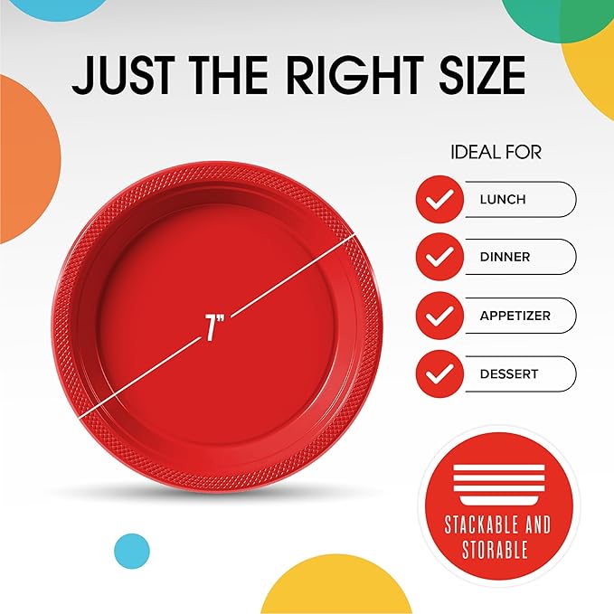 Red Plastic Plates For Party 7" Red Disposable Plates Heavy Duty 100 Pcs Plastic Dinnerware Sets Heavy Duty 350 GSM Disposable Dinnerware Set