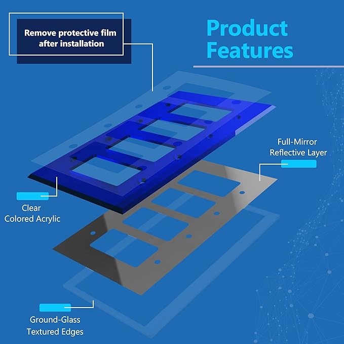 LIDER Reflective Acrylic Decorator Wall Plate, Mirrored Light Switch Plate, Plexiglass Outlet Cover, Acrylic Glass, Oversized 4-Gang 5.25" x 8.88", LWP-34O-ABL, Blue