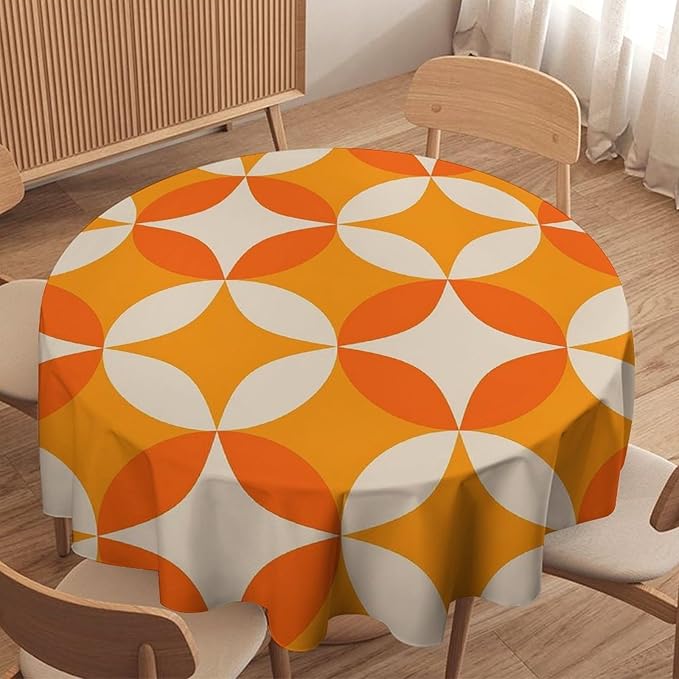 Retro Mid Century Round Tablecloth, Abstract Geometric Mid Century Colorful Pattern Print Tablecloth for Home Party Dining Room Kitchen Decor 36Inch(90cm)
