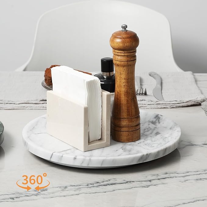 Koville Italian Natural Marble Lazy Susan, Round Marble Turntable Organizer for Spices, Rotating Cheese Board for Dining Table Display, Kitchen Countertop Spinning Serving Tray-Arabescato(White)